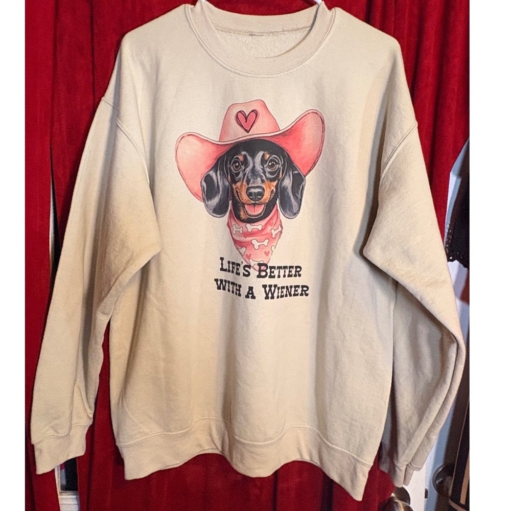 Lifes‎ Better With A Wiener Dachshund Cowboy Hat Graphic Sweatshirt Cream XL